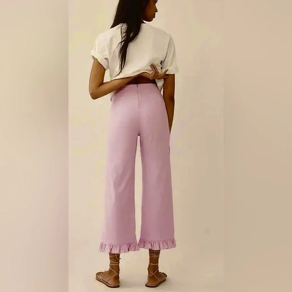 Anthropologie Maeve The Colette Magic Fabric Ruffle-Hem Crop Pants-Lilac Pink-29 - Picture 4 of 12